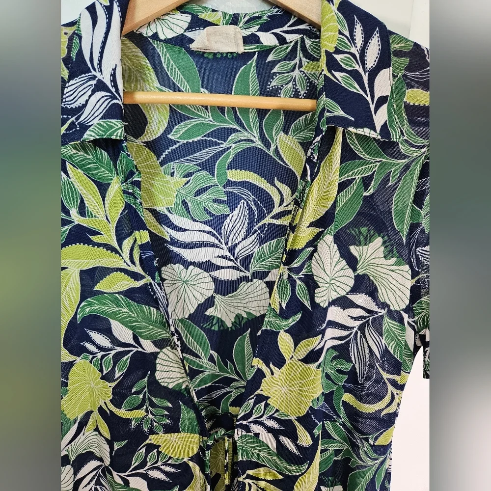 Ember XL Tropical Leaf Print Collared Tie Waist Cover-Up
